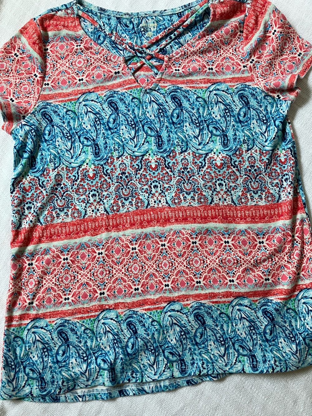 Ruff Hewn Coral & Teal Paisley Stripe Crisscross Short Sleeve Top- new w/o tags